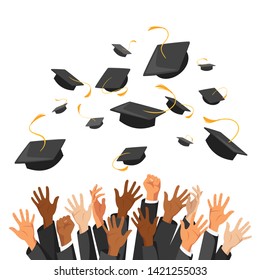 University graduation traditional ceremony flat illustration. Higher education, bachelor, master degree. Multicultural students throwing mortar boards isolated clipart. International college grad