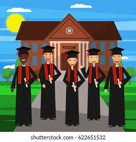 University graduation. Vector. Flat design. Happy students graduated from university. Multicultural group of young students.