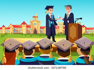 University Grand Graduate Ceremony. Teacher Congats Students in Hat and Gowns with Certificate and Diploma High Degree on Pedestal.