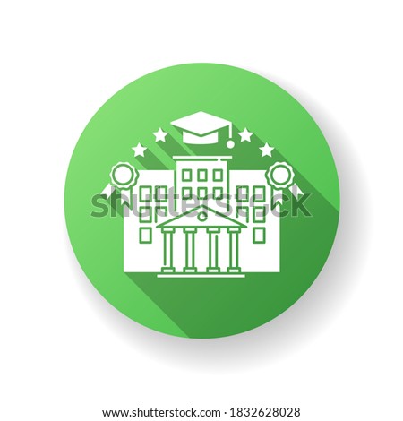 University green flat design long shadow glyph icon. Higher education, student lifestyle. Academic institution. Prestigious state college campus with mortar board silhouette RGB color illustration