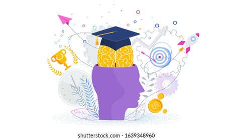 University hat on the brain. Metaphor of learning, knowledge, and education. Graduation high school celebration. Flat vector concept.