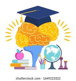 University hat on the brain. Metaphor of learning, knowledge, and education. Graduation high school celebration. Flat vector concept.