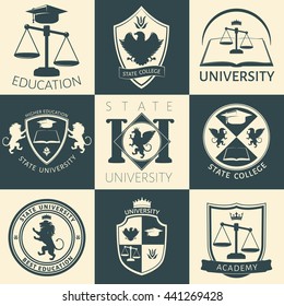 University heraldry vintage stickers with eagle lion flower crown book scales academic cap isolated vector illustration