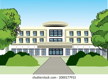 University, High School, Collage, Campus Building Line Art Colored Vector Illustration. 