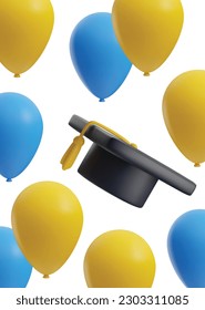 University or High school graduation banner layout with graduate cap and balloons for website and greeting cards or party invitation, realistic vector illustration.