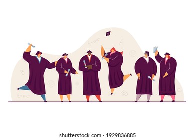 University or high school students receiving diplomas, getting degree, celebrating graduation. Vector illustration for academic education, party, success concept