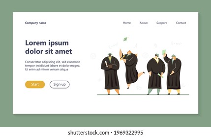 University or high school students receiving diplomas, getting degree, celebrating graduation. Vector illustration for academic education, party, success concept