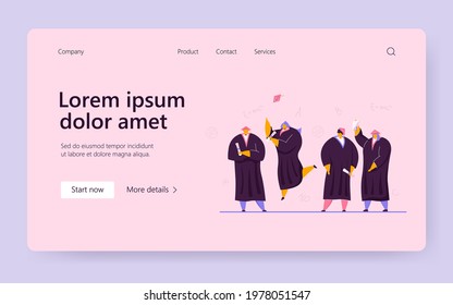 University or high school students receiving diplomas, getting degree, celebrating graduation. Vector illustration for academic education, party, success concept