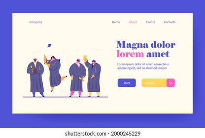University or high school students receiving diplomas, getting degree, celebrating graduation. Vector illustration for academic education, party, success concept