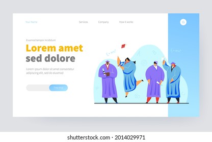 University or high school students receiving diplomas, getting degree, celebrating graduation. Vector illustration for academic education, party, success concept