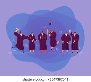 Estudantes universitários ou do ensino médio recebendo diplomas, obtendo diploma, comemorando a formatura. Ilustração vetorial para educação acadêmica, partido, conceito de sucesso