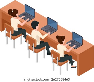 University or high school students sitting at desks and using laptops, studying together in an online class or doing research for a project, isometric view