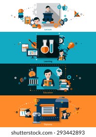 University horizontal banner set with flat education and diploma elements isolated vector illustration