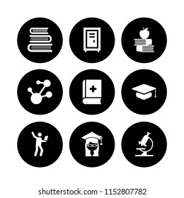 university icon. 9 university set with microscope, locker, chemical bond and book vector icons for web and mobile app