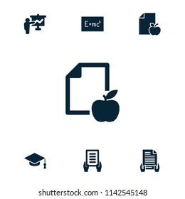 University icon. collection of 7 university filled icons such as holding document, paper and apple, teacher, board with formulas. editable university icons for web and mobile.