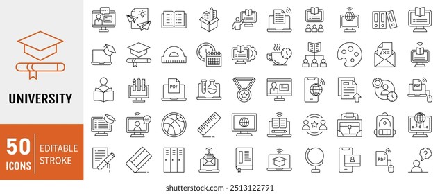 University icon collection. Containing distance learning, virtual classroom, online course, e-learning icon. Simple line vector illustration.