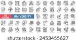 University icon collection set. Containing higher education, learning environment, research institution, student community, campus life, college catalog, organization icon. Simple line vector.