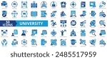 University icon collection set. Containing higher education, learning environment, research institution, student community, campus life, college catalog, organization icon. Simple flat vector.