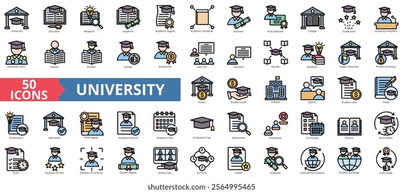 University icon collection set. Containing education, research, academic, degree, discipline, bachelor, post graduate icon. Simple flat outline vector illustration