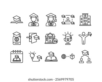 University icon collection set. Containing higher education, learning environment, research institution, student community, student dormitory, college catalog.isolated white background,Editable line 