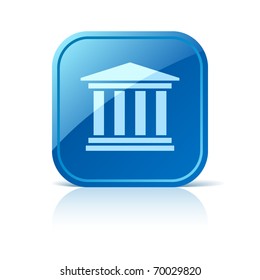 University Icon On Blue Glossy Square Web Button. Vector Building Symbol. Classical Greece Roman Architecture Sign