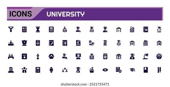 Symbolpaket der Universität. Einschließlich Bildung, Lernen, Forschungsinstitut, Student und Studium. Gefüllter und durchgehender Symbolsatz. Glyphe für Web und ui. Vektorgrafik.