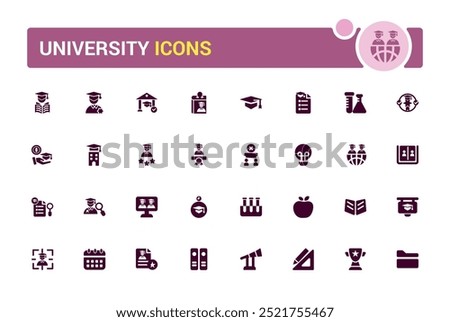 University icon pack. Containing education, learning, research institution, student and study. Filled and solid icon set. Glyph for web and ui. Vector illustration.