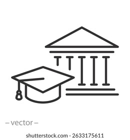 university icon, school building, educational institution, thin line symbol on white background, editable stroke vector illustration