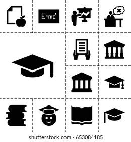 University icon. set of 13 filled university icons such as court, book, graduation cap, holding document, graduate emoji, paper and apple, teacher, court building