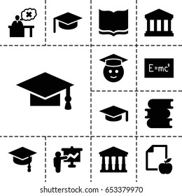 University icon. set of 13 filled universityicons such as court, book, graduation cap, graduate emoji, paper and apple, teacher, court building, arrows up, board with formulas