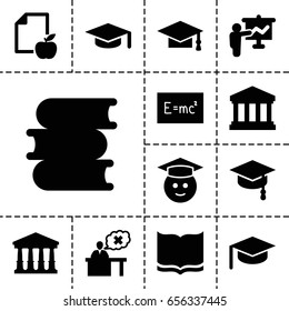 University icon. set of 13 filled universityicons such as court, book, graduation cap, graduate emoji, paper and apple, teacher, court building, arrows up, board with formulas
