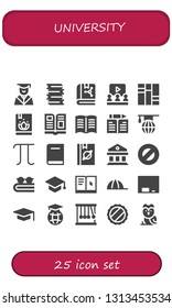 university icon set. 25 filled university icons.  Simple modern icons about  - Graduation, Books, Book, Learning, Magazine, Learn, Pi, Courthouse, Protractor, Mortarboard, Cap