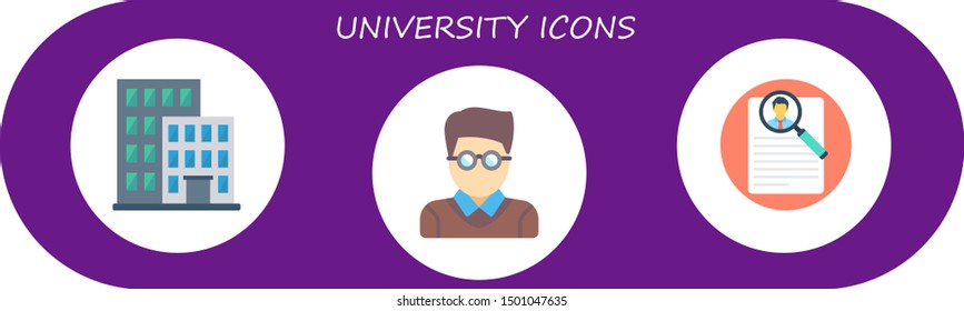 university icon set. 3 flat university icons.  Collection Of - building, student, curriculum