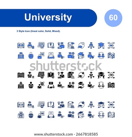University icon set. with 3 Style Icon (lineal color, Solid, Mixed).