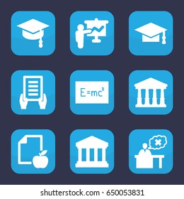 University icon. set of 9 filled university icons such as court, graduation cap, holding document, paper and apple, teacher, court building, arrows up