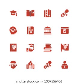university icon set. Collection of 16 filled university icons included Read, Diploma, University, Student, Learning, Book, Graduation, Elearning, Museum, Education, Magazine, Graduation hat