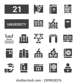 university icon set. Collection of 21 filled university icons included Read, Book, Graduation, School, College, Mansion, Sash, University, Books, Bookcase, Learning