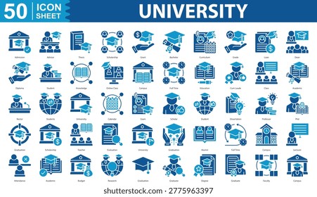 University icon set collection Concept With Icon Of admission, advisor, thesis, scholarship, grant, bachelor, curriculum, grade, loan, dean, diploma, and more.