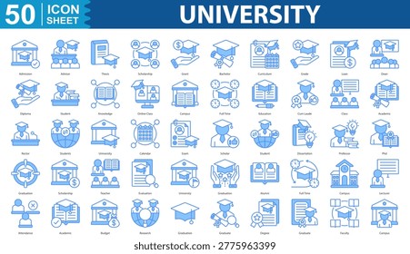 University icon set collection Concept With Icon Of admission, advisor, thesis, scholarship, grant, bachelor, curriculum, grade, loan, dean, diploma, and more.
