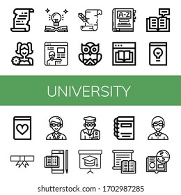 university icon set. Collection of Literature, Cheerleader, Education, Online learning, Parchment, Owl, Dictionary, Ebook, Reading, Design book, Romantic novel, Degree, Teacher icons