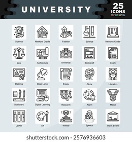 University icon set containing Architecture, University, Bookshelf, Exam, Diploma, Essay, Stationary, Digital Learning, Medal, Literation icon. Simple line vector