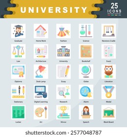 University icon set containing Architecture, University, Bookshelf, Exam, Diploma, Essay, Stationary, Digital Learning, Medal, Literation icon. Simple flat vector