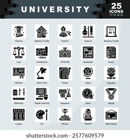 University icon set containing Architecture, University, Bookshelf, Exam, Diploma, Essay, Stationary, Digital Learning, Medal, Literation icon. Simple lglyph vector