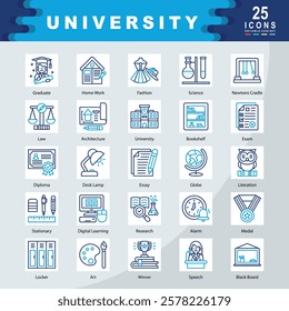 University icon set containing Architecture, University, Bookshelf, Exam, Diploma, Essay, Stationary, Digital Learning, Medal, Literation icon. Simple vector illustration