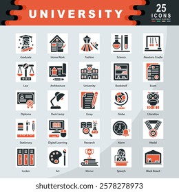 University icon set containing Architecture, University, Bookshelf, Exam, Diploma, Essay, Stationary, Digital Learning, Medal, Literation icon. Simple vector illustration