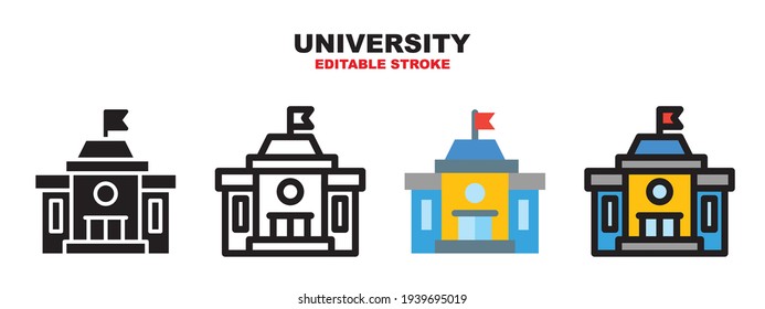 University icon set with different styles. Colored vector icons designed in filled, outline, flat, glyph and line colored. Editable stroke and pixel perfect. Can be used for web, mobile, ui and more.