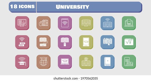 university icon set. included audiobook, learn, homework, maths, book, learning, cap, student-laptop, ebook, books, school icons on white background. linear, filled styles.