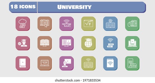 university icon set. included audiobook, learn, student, maths, book, learning, cloud library, ebook, student-laptop, teacher icons on white background. linear, filled styles.
