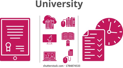 university icon set. included cloud, tablet, professor, books, e-book, test, click, microscope icons. filled styles.