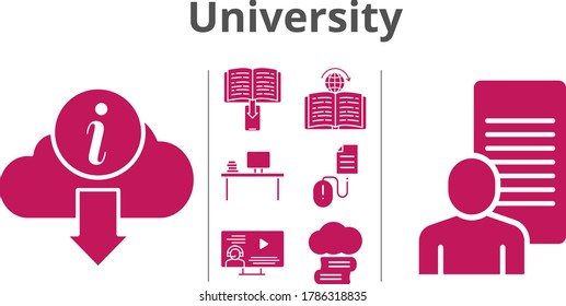 university icon set. included cloud library, study, ebook, desktop, instructor, information, learning, click icons. filled styles.